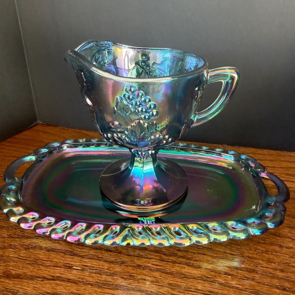 Vintage Indiana Blue Carnival Glass Creamer & Tray Iridescent Harvest Grape